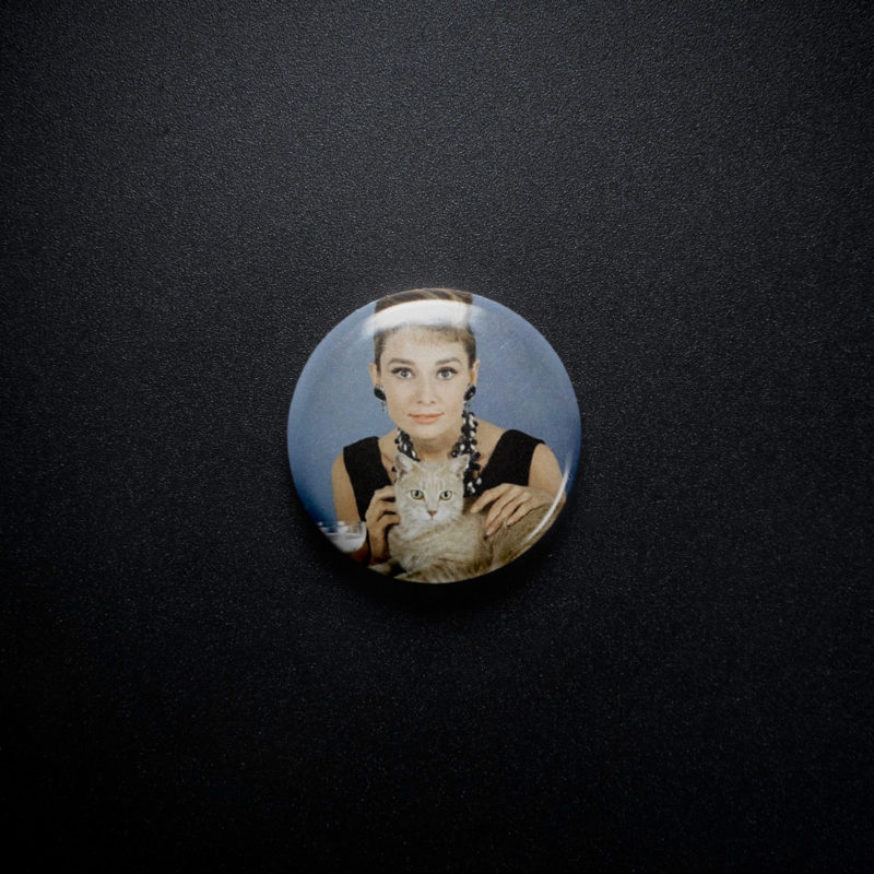 Audrey Hepburn With Cat 1in Pin | Vintage Hollywood Glamour Portrait