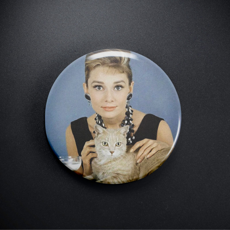 Audrey Hepburn With Cat 2.25in Pin | Vintage Hollywood Glamour Portrait