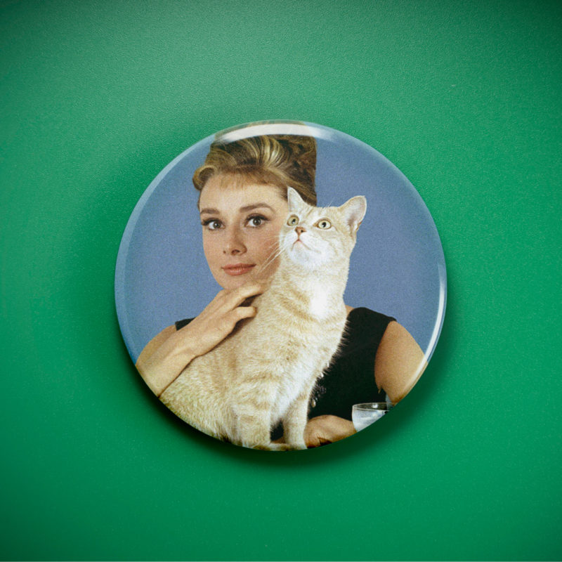 Audrey Hepburn With Cat 2.25in Pin | 1950s Hollywood Glamour Portrait