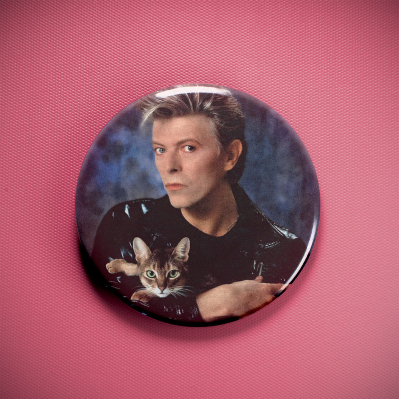 David Bowie With a Kitten 2.25in Pin | 70s Glam Rock Portrait