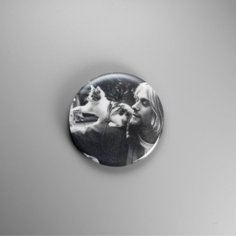 Kurt Cobain With A Kitten 1.5in Pin | 90s Grunge Icon Intimate Portrait